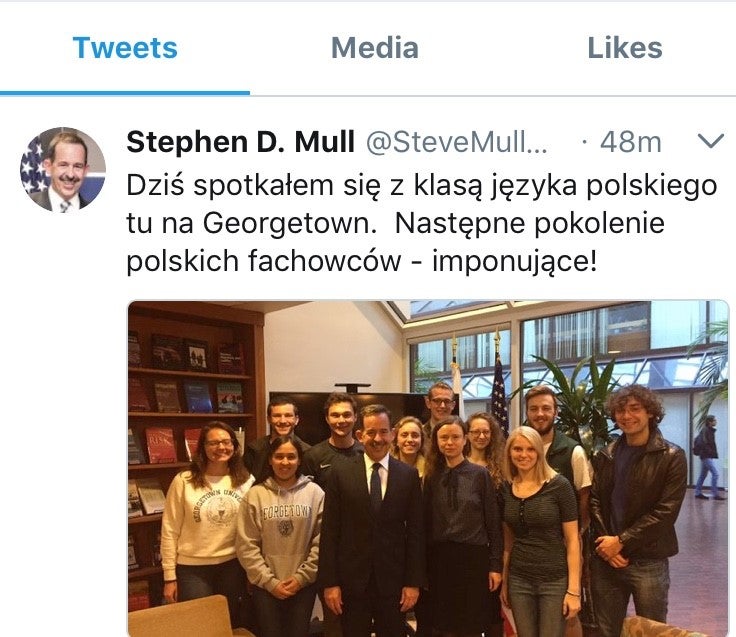 Ambassador Mull’s tweet: Today I met with a Polish language class here at Georgetown. Next generation of Polish professionals - impressive!
