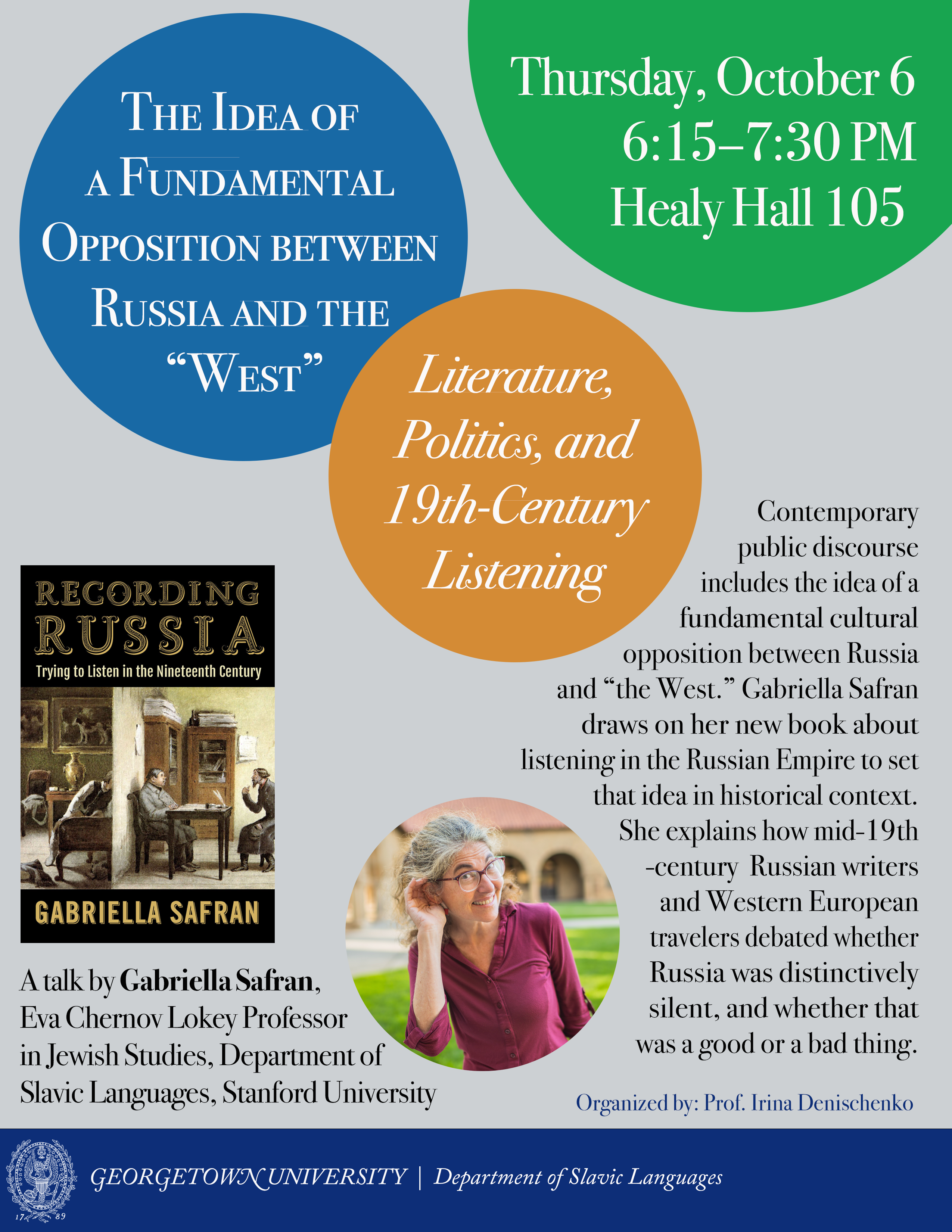 Recording Russia: Trying to Listen in the Nineteenth Century is forthcoming. She is now beginning a book about the rise of the notion of Jewish speech style, in multiple languages, as comical. Contemporary public discourse includes the idea of a fundamental cultural opposition between Russia and 