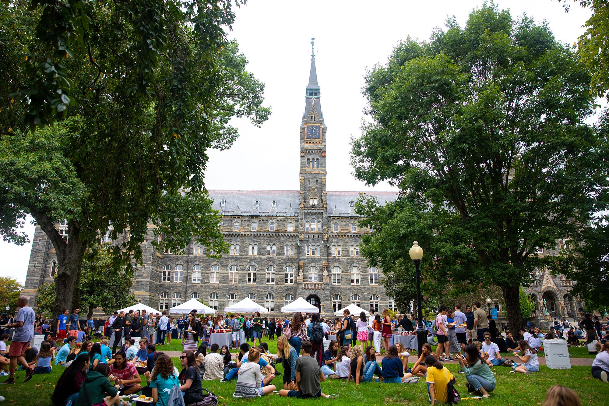 Students sit on the lawn in front of Healy Hall.